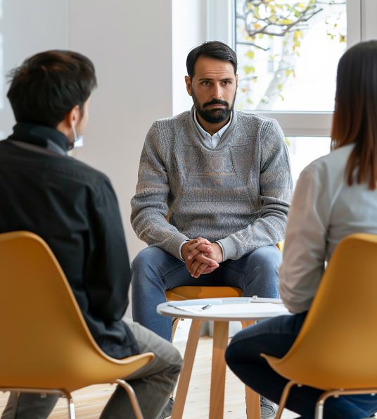 A support group session with a counselor and young people talking together