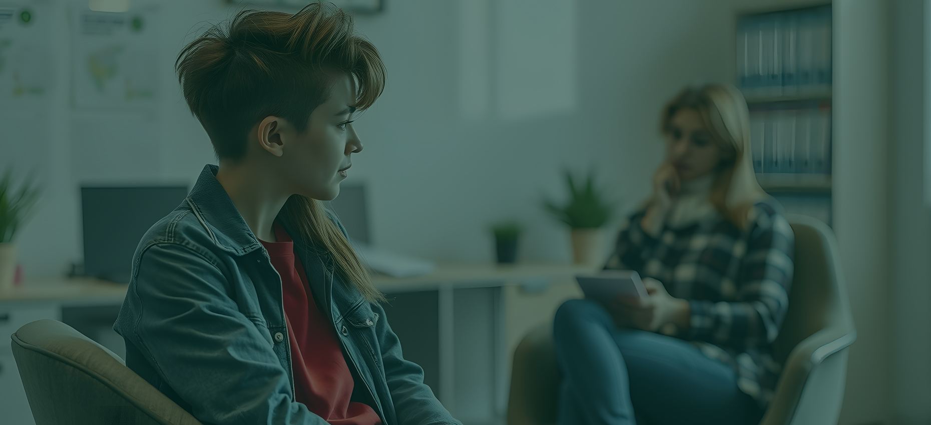 A young person and a counselor talking together in a counseling office