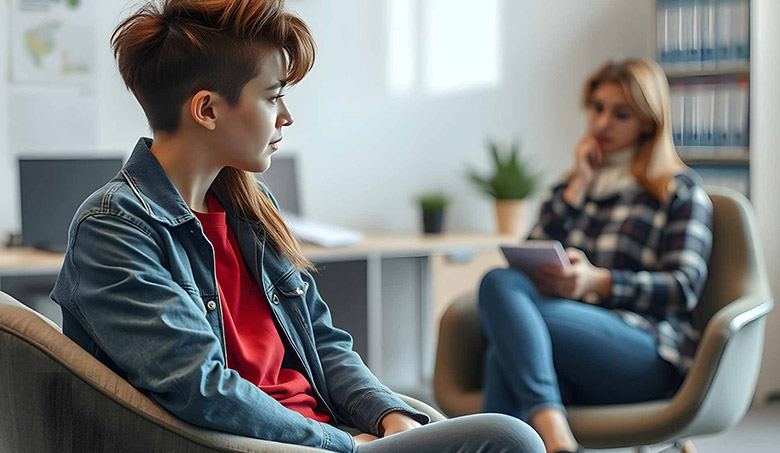 An adult caregiver having a supportive conversation with a teenager