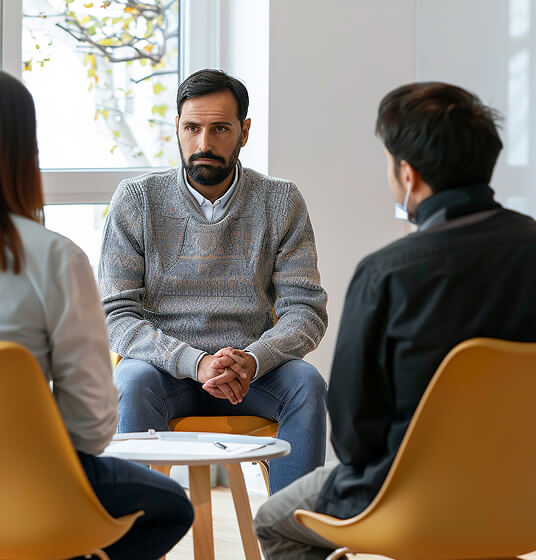 A counselor talking with a young person and a family member during a support session